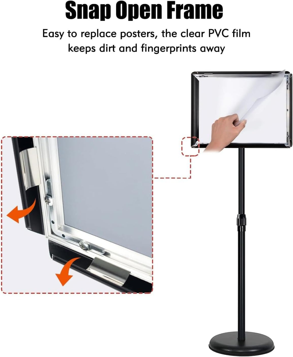 adjustable sign stand for display, pedestal floor signage showing dimensions