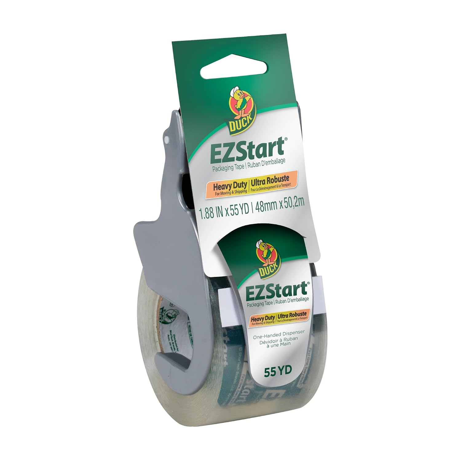 Duck EZ Start Packing Tape with One-Handed Dispenser | Frustration-Free, Whisper Quiet, Beginner-Friendly, Moving & Shipping Boxes, Clear, 1.88 Inch x 55 Yards