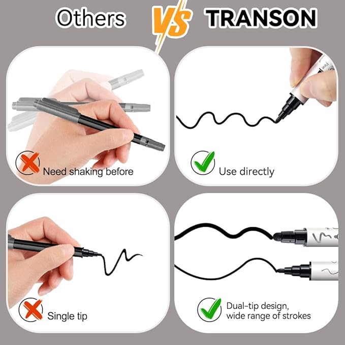 TRANSON 4 Black and 4 White Paint Markers Bold and Fine Dual-tip Acrylic Paint - Image 5