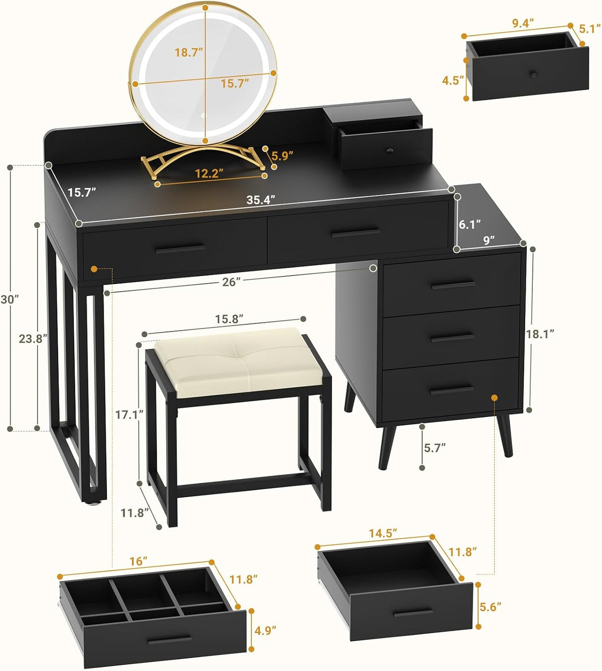 Armocity Black Vanity Desk with Mirror and Lights, Modern Makeup Vanity Table...