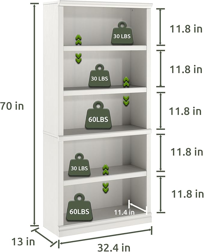 Bevfint 70-Inch Tall White Bookcase, 5 Tiers Shelves Open Storage Bookshelf - Image 3