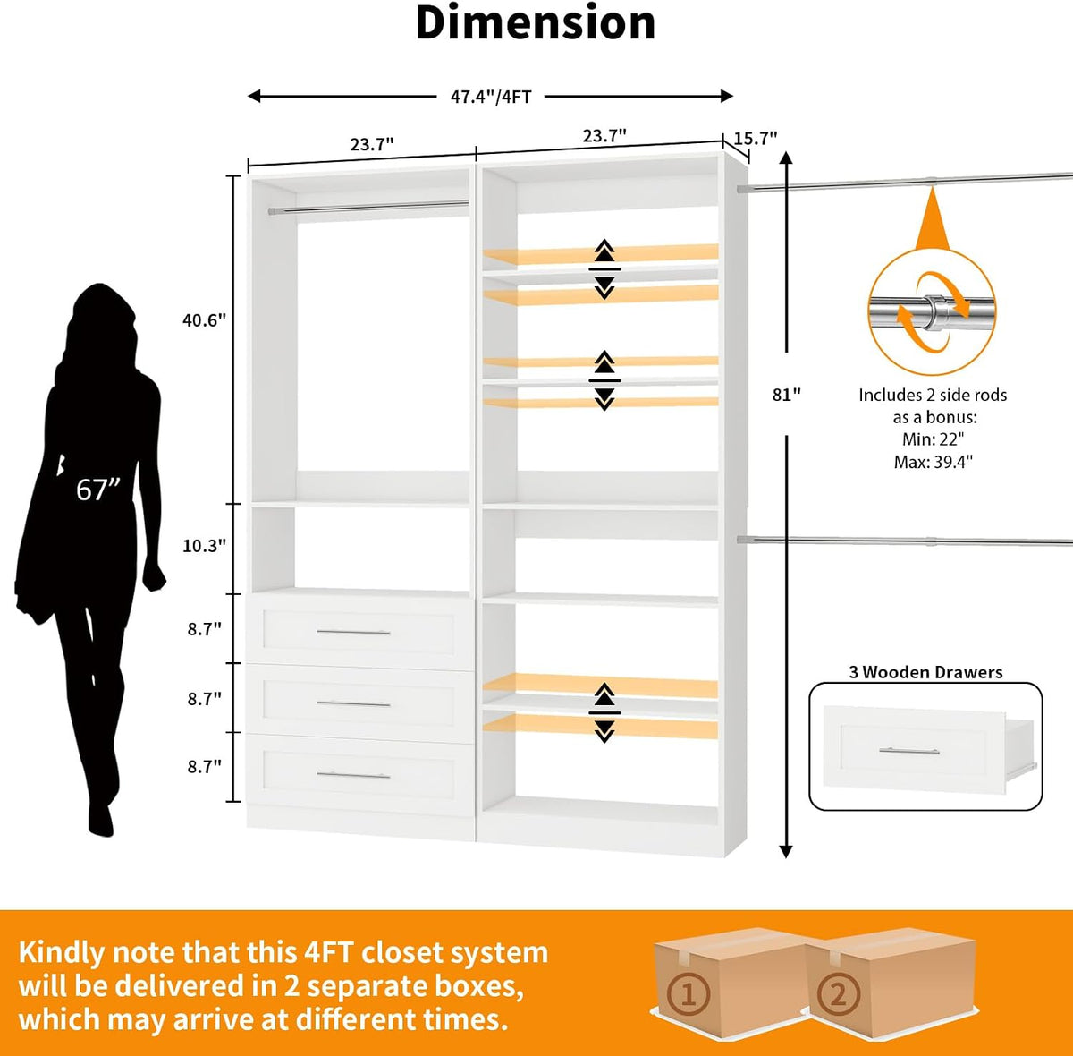 Closet System with 2 Sets, 4FT-10FT Closet Organizer Systems with 3 Wooden Dr...