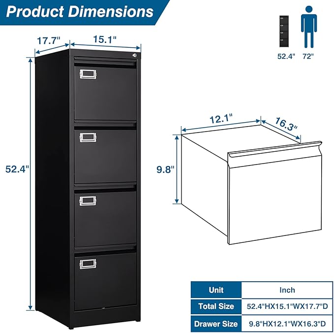 PEUKC 4 Drawer File Cabinet, Vertical Filing Cabinets - Image 3