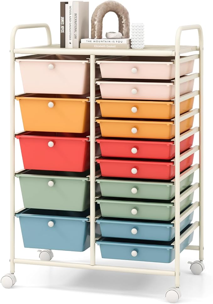 COSTWAY 15 Drawers Storage Cart, Mobile Tools Scrapbook Paper Organizer Cart by COSTWAY
