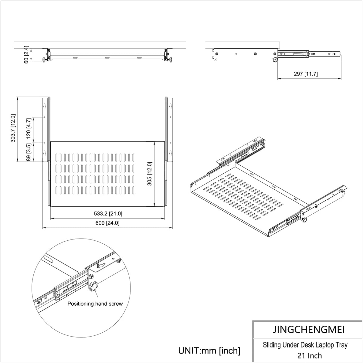 21 inch Sliding Under Desk Laptop Mount Tray with Air Vents