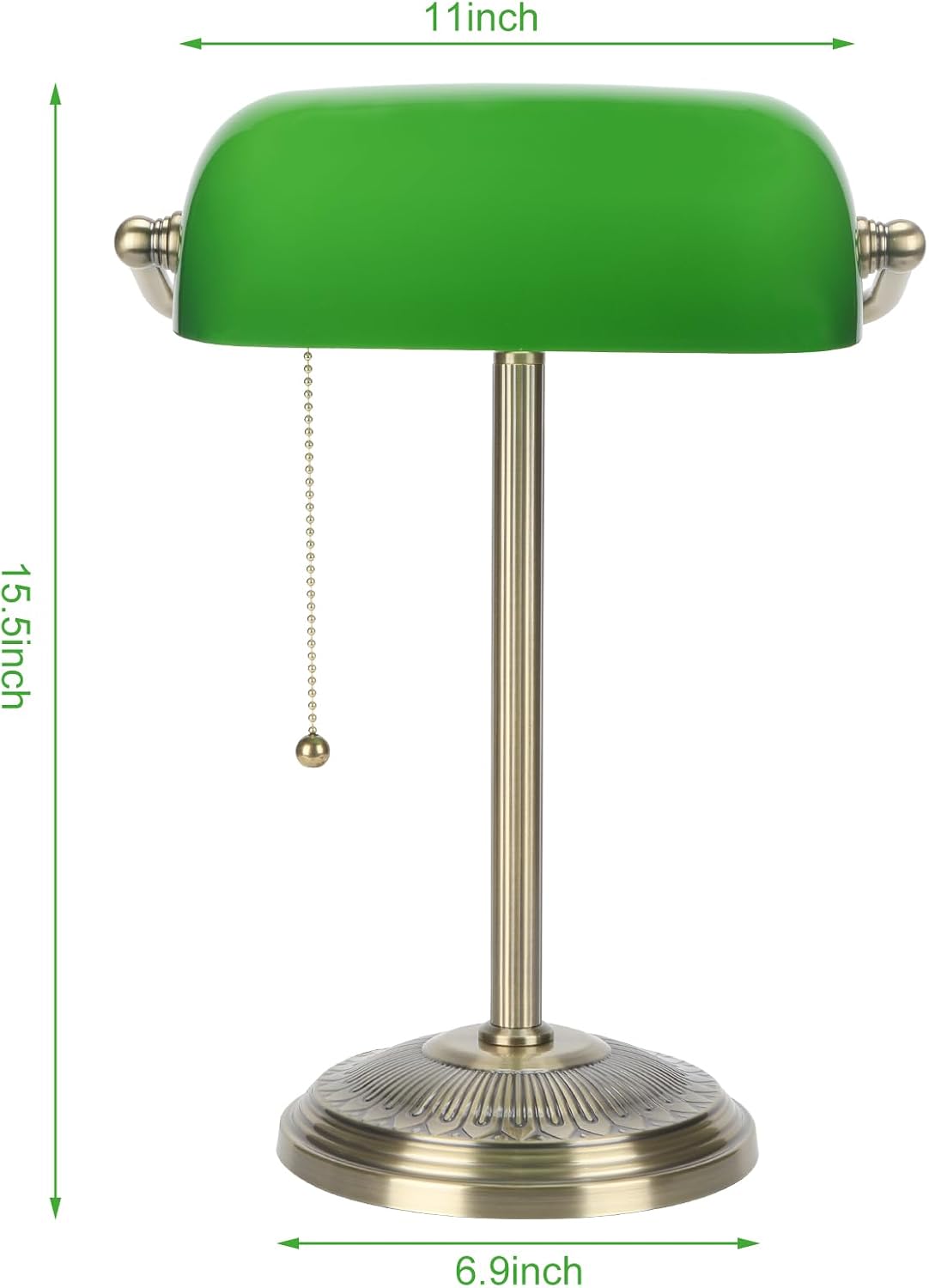 Bankers Lamp, Brass Finish with Pull Switch, Green Glass Shade