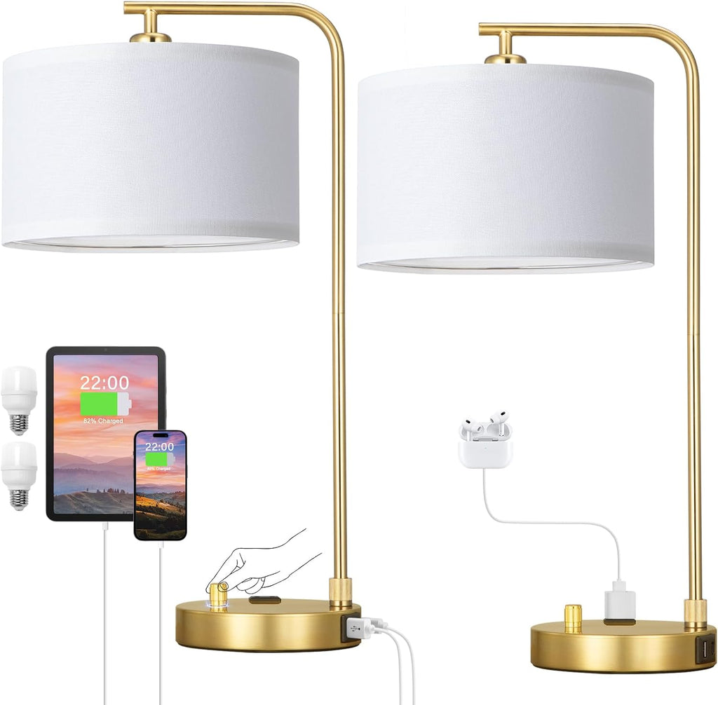 gold bedside lamps set of 2, fully dimmable, front angle view