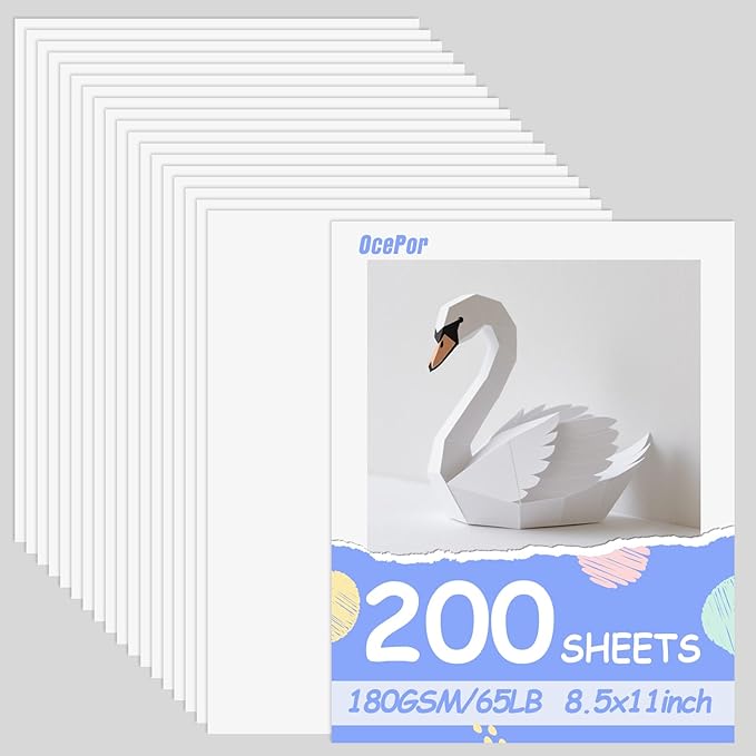 OcePor 200 Sheets White Cardstock 8.5” x 11”, 65lb/180gsm White Card Stock by OcePor