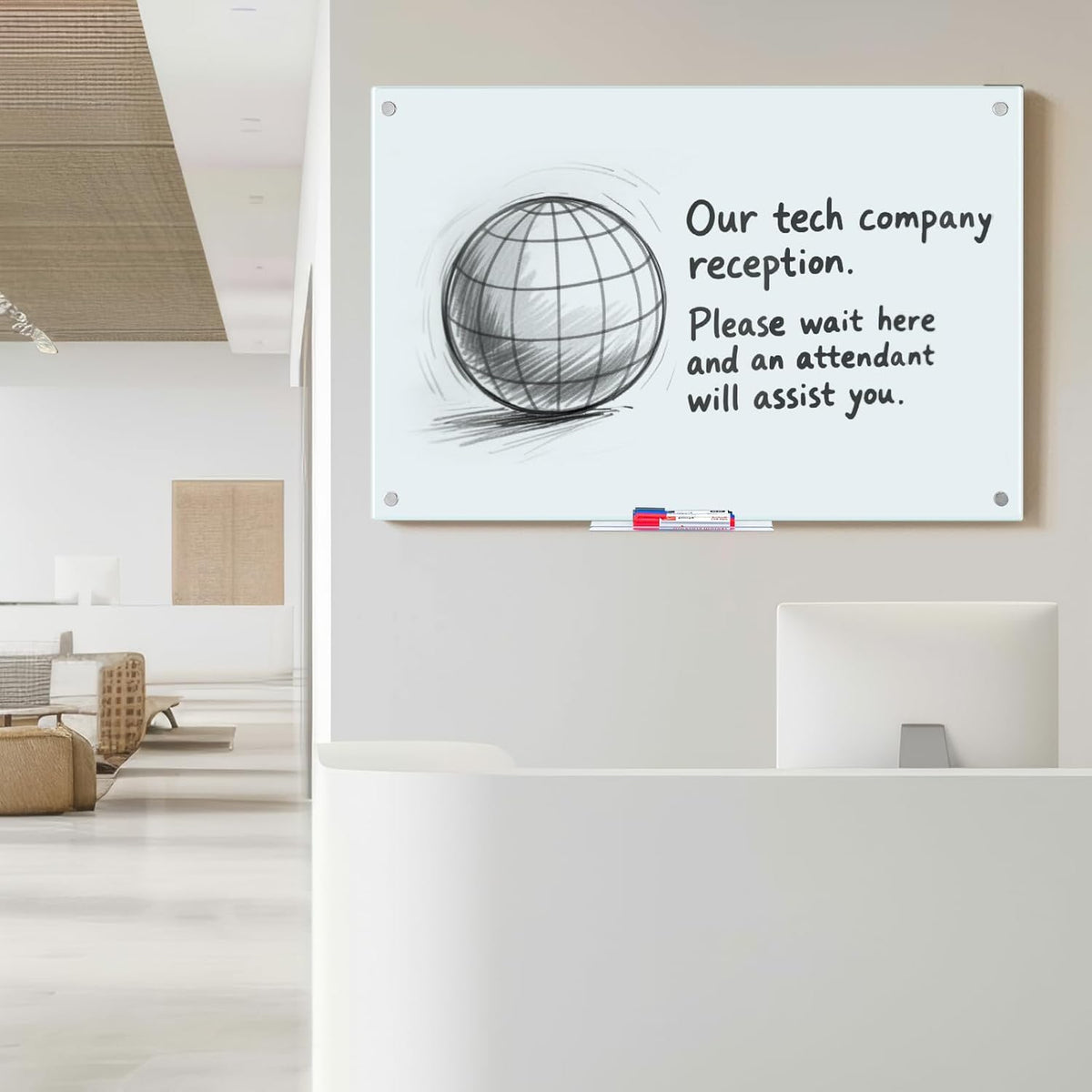 Maxtek Magnetic Glass Whiteboard 48 x 36 in, Frameless Glass Board for Wall