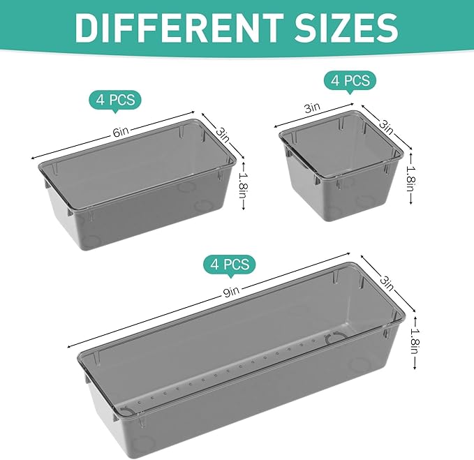 WOWBOX 12 Pack Clear Drawer Organizer Set, Acrylic Drawer Storage Trays - Image 2