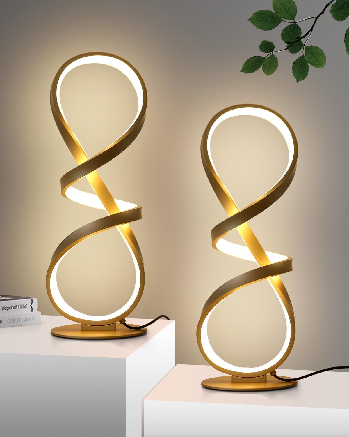 Gold Cool Table Lamps Set of 2, Modern LED Spiral Desk Light