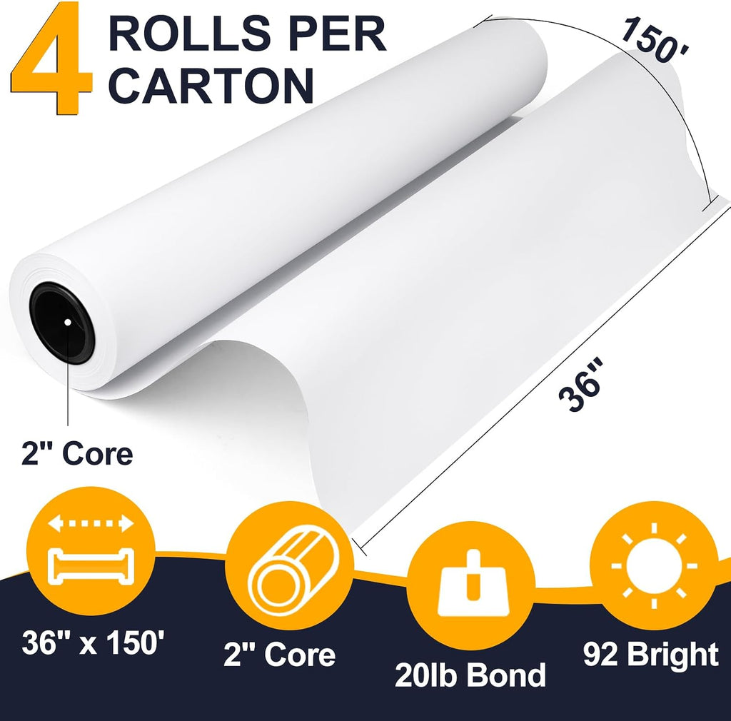 VOISEN Wide Format Paper,4 Rolls Plotter Paper 36 In x 150 Ft, 20lb CAD Bond Rolls on 2" Core for CAD Printing on Wide Format Ink Jet Printers