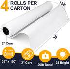 VOISEN Wide Format Paper,4 Rolls Plotter Paper 36 In x 150 Ft, 20lb CAD Bond Rolls on 2" Core for CAD Printing on Wide Format Ink Jet Printers