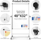 Rolling Whiteboard, Double Sided Magnetic Dry Erase Board Height Adjustable - Image 3