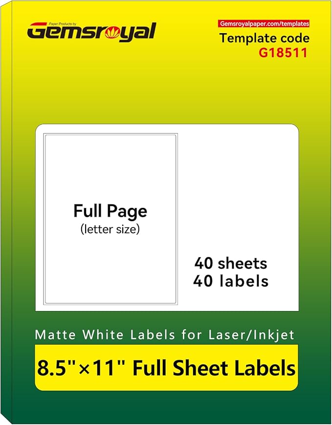Gemsroyal 8.5"×11" Full Sheet Shipping Labels Printable, 8.5×11 inch White by Gemsroyal
