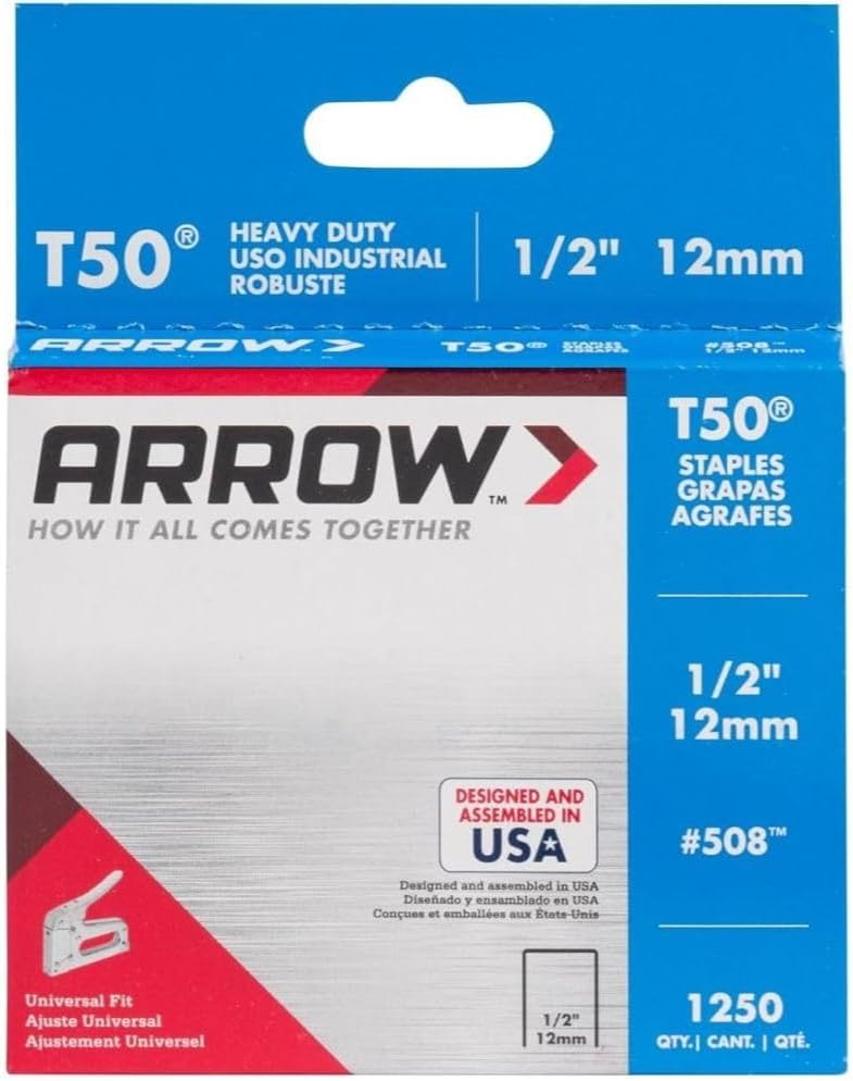Arrow Fastener Heavy Duty Staples 508 - Flat Crown, Steel, T50 Stapler Compatible - 1/2", 24 Pack