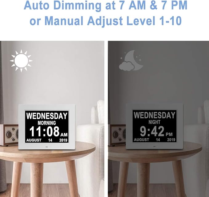 Aowasi Digital Day Calendar Clock Auto-Diming & 8 Alarms Options Extra Large - Image 3