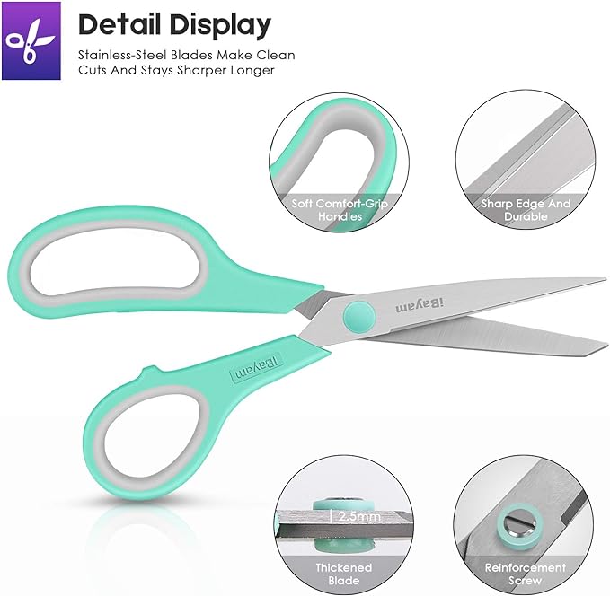 Scissors, iBayam 8" All Purpose Scissors Bulk 3-Pack, Ultra Sharp 2.5mm Thick - Image 3