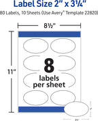 Avery Printable Oval Labels, 2" x 3-1/3", Glossy White, Laser & Inkjet Compatible, 80 Blank Labels Total, Great for Mailing, Branding, Packaging, and More (22820)