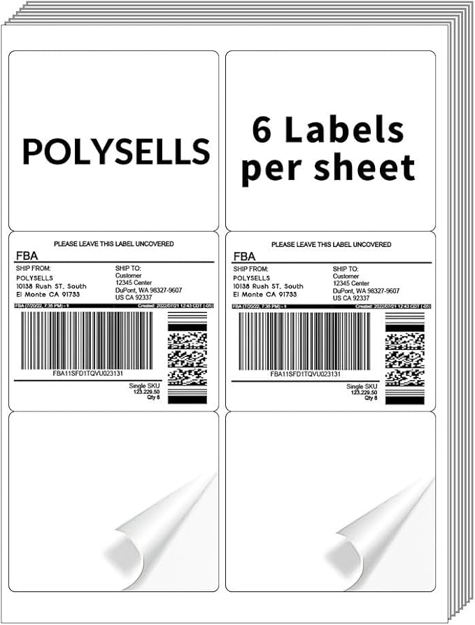 POLYSELLS Self Adhesive 3-1/3" x 4" Address Shipping Labels, 6UP White Sticker by POLYSELLS