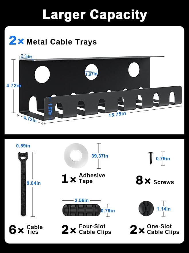 Delamu 2 Pack Metal Under Desk Cable Management Tray, U Channel Cord Organizer - Image 3