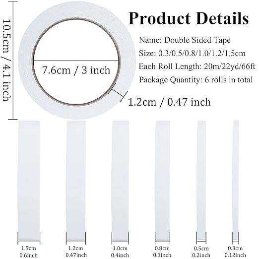 SmaringWing Double Sided Tape for Crafts, 6 Rolls Multi-Size Double-Sided - Image 2