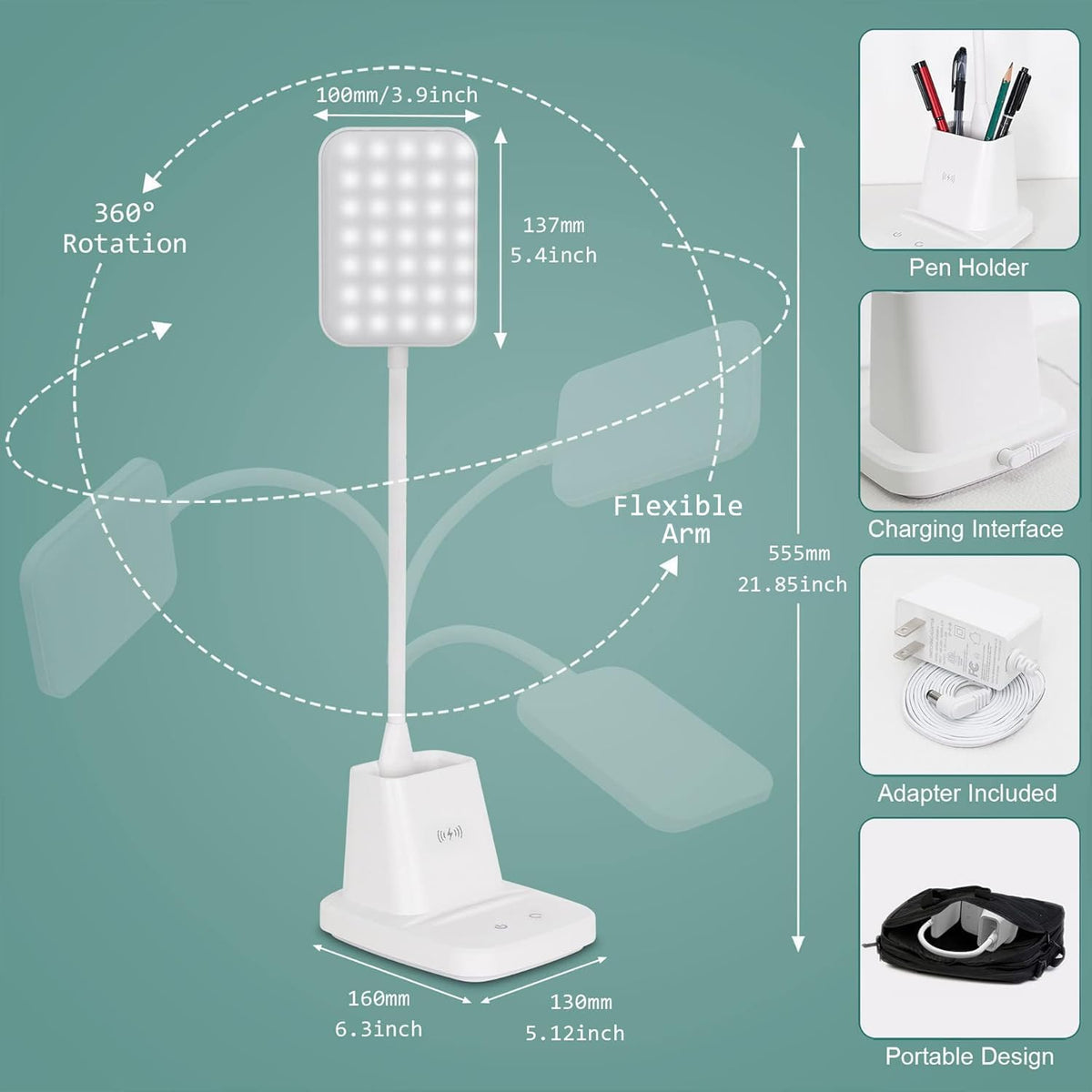 LED Desk Lamp with 10W Wireless Charging & Pen Holder, Snow White