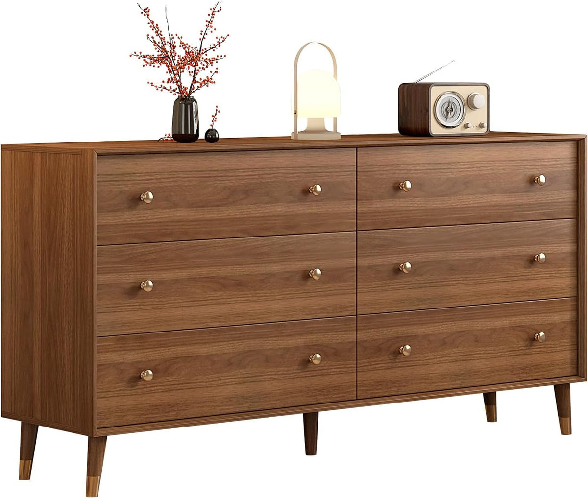 Mid Century Modern 6-Drawer Dresser, 55 Inch Solid Wood Frame Chest, Walnut