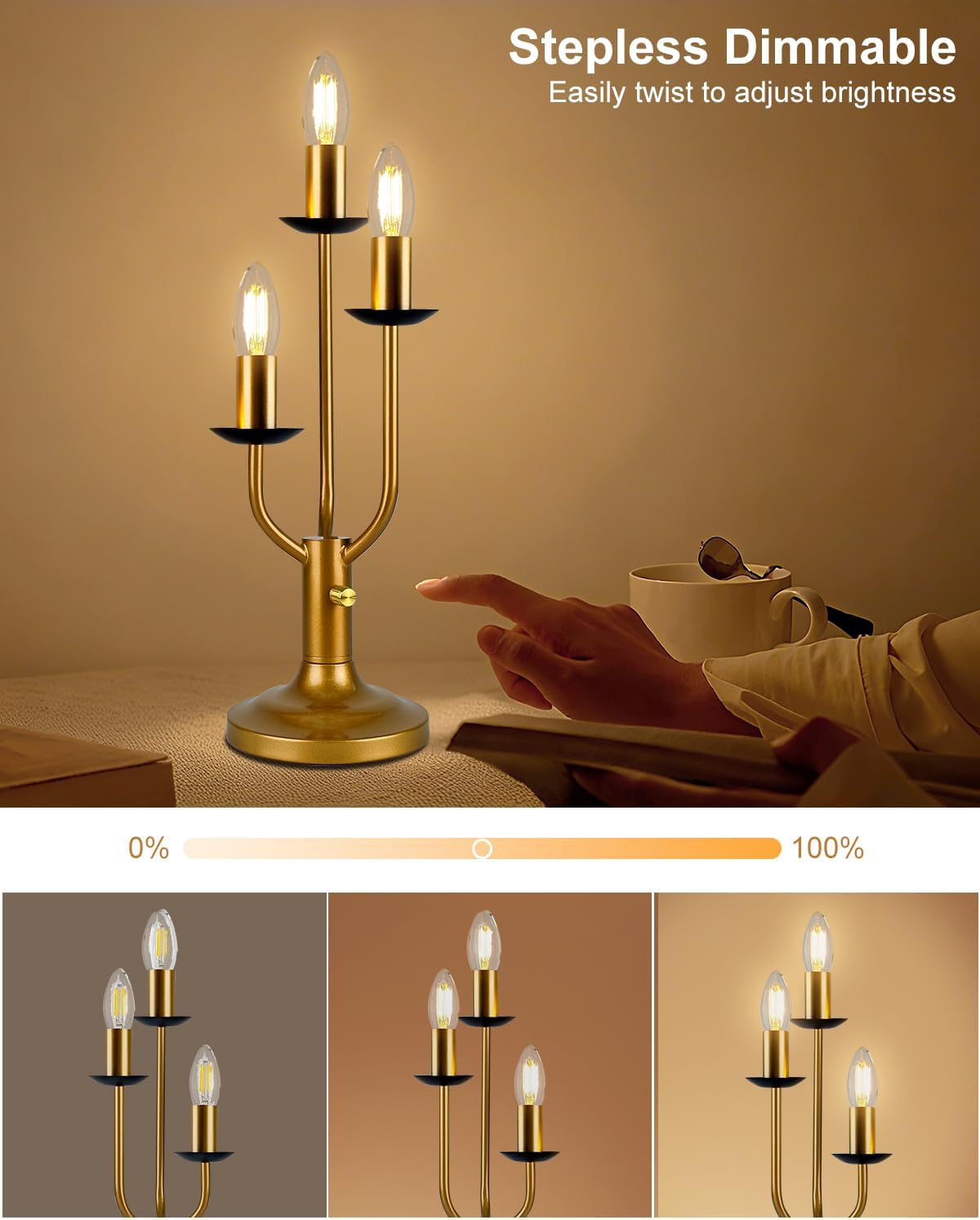 Lightdot Vintage Candelabra Table Lamp Dimmable Gold Lamp 3 Bulbs Included