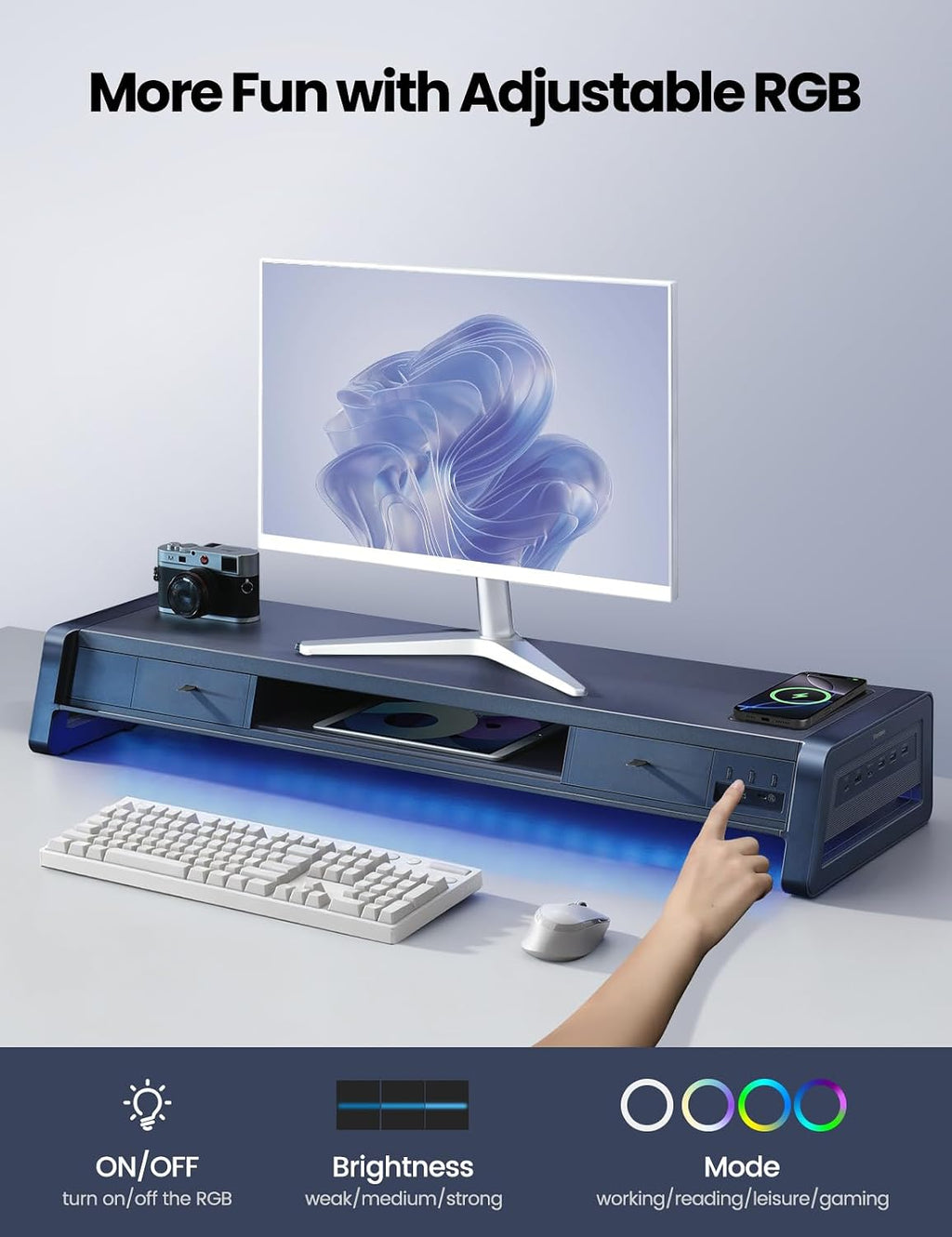 vaydeer all-in-one dual monitor stand riser with 2 showing dimensions
