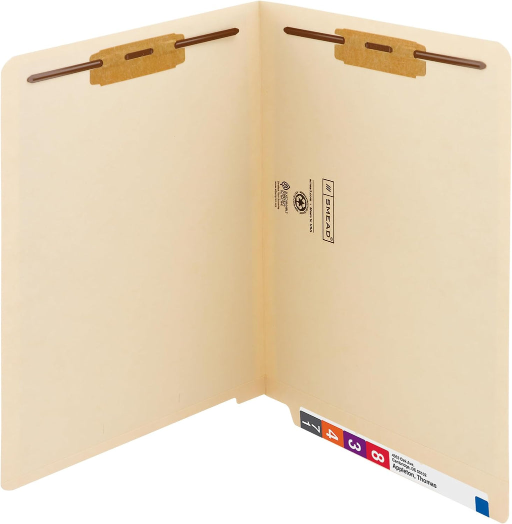 Smead Heavyweight End Tab Fastener File Folder, Shelf-Master® Reinforced Straight-Cut Tab, 2 Fasteners, Letter Size, Manila, 50 per Box (34215)
