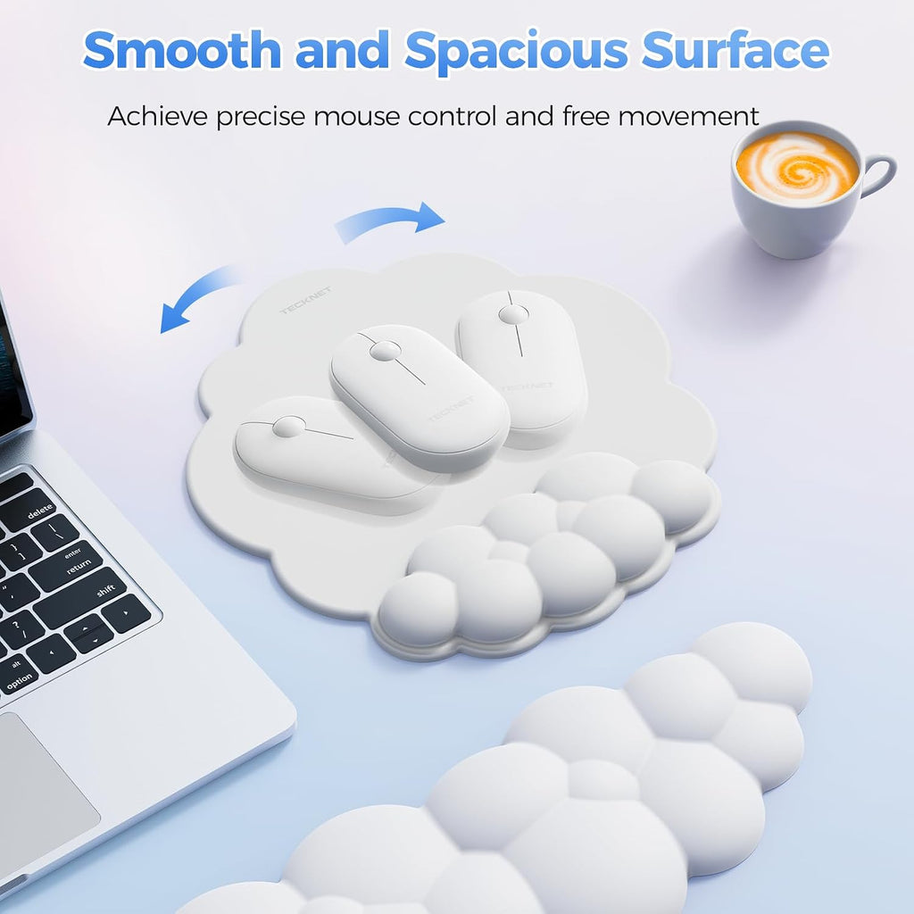 TECKNET Cloud Mouse Pad with Wrist Rest, Ergonomic Cloud Wrist Rest with Non-Slip Base, PU Leather Memory Foam Mouse Pad Wrist Support for Keyboard and Mouse, Pain Relief for Typing, Gaming, White