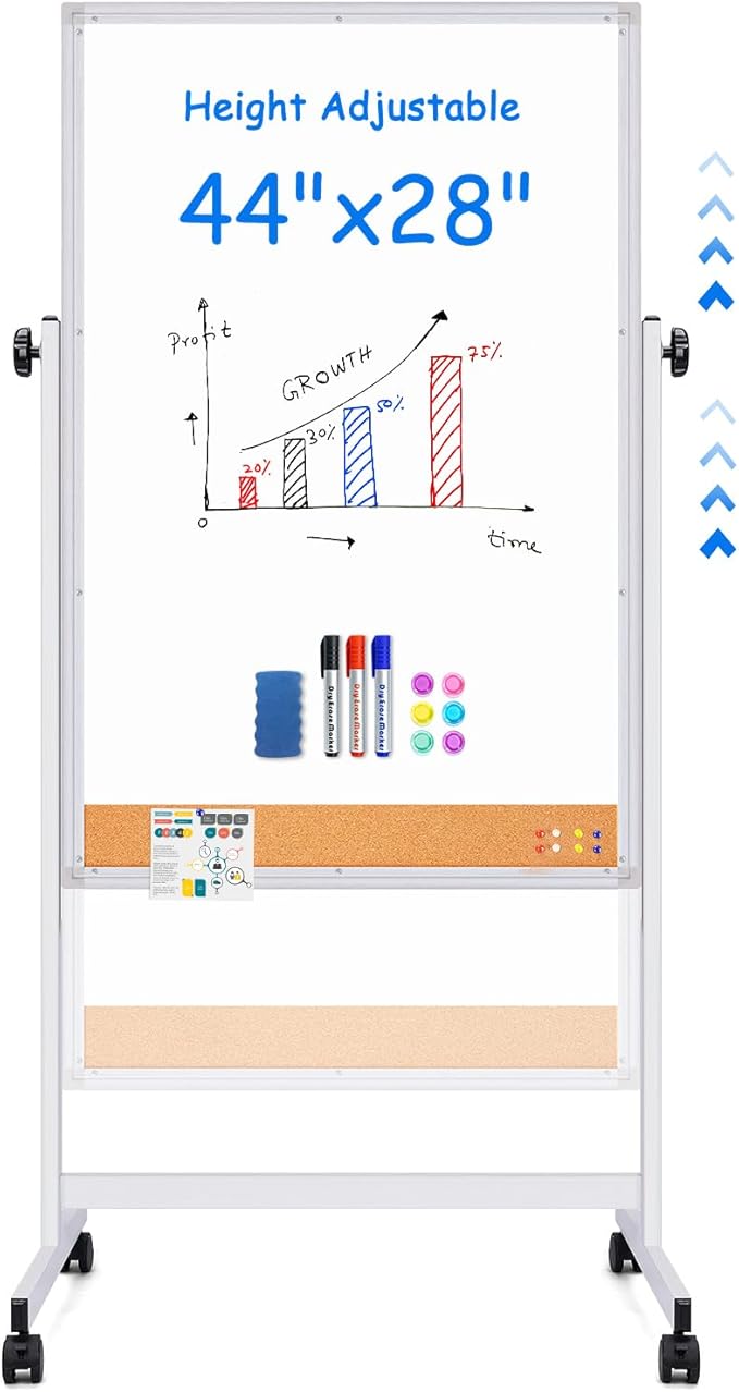 maxtek Rolling White Board, 44x28 Inches Magnetic Cork Board Combo, Portable by Maxtek