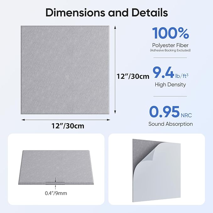 UNECHO 12 Pack 12" X 12" X 0.4" Acoustic Panels - Image 3