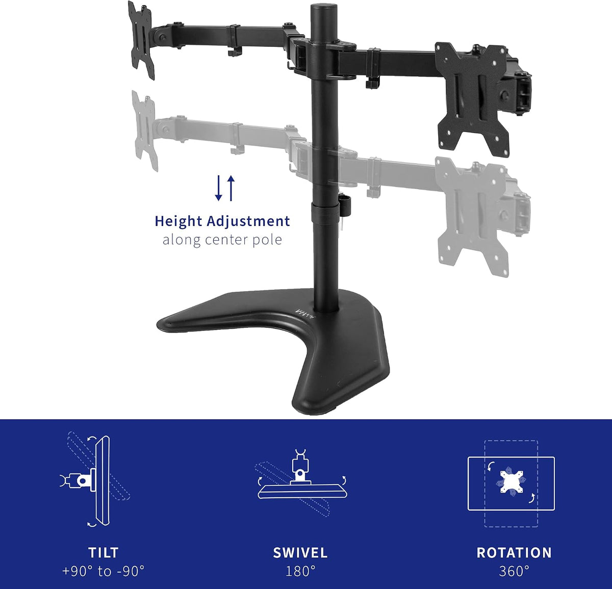 vivo dual led lcd monitor mount, free-standing desk showing dimensions