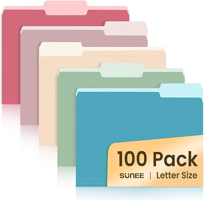 SUNEE File Folders Letter Size Retro Colors, 100 Pack Folders by SUNEE