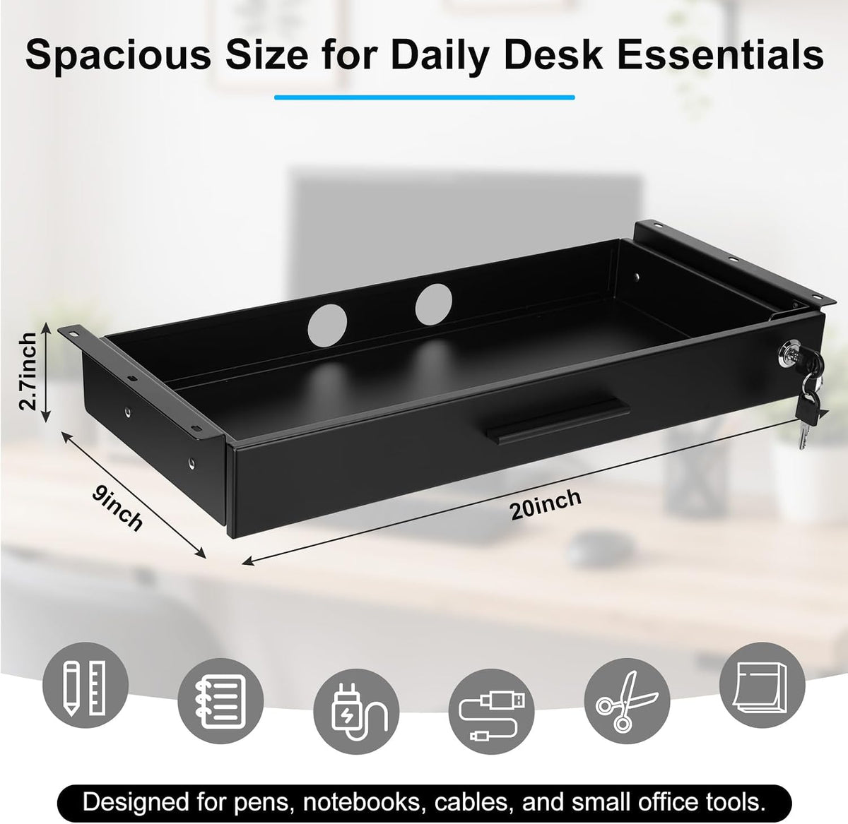 Menkxi 20'' x 9'' Under Desk Drawer Slide Out Storage Organiz...