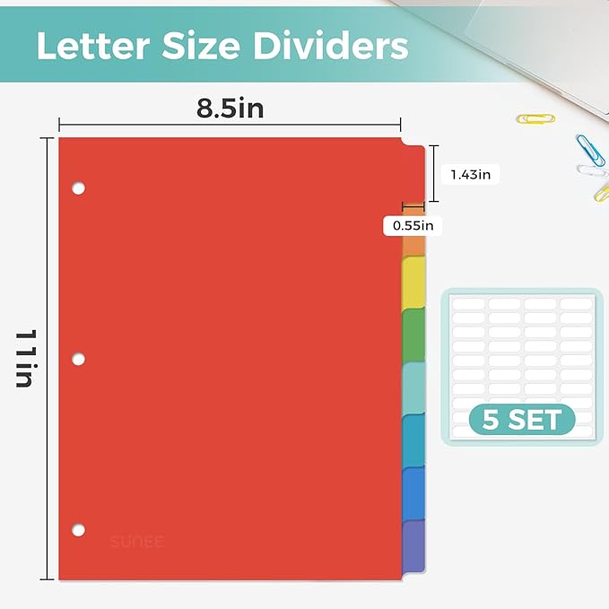SUNEE 8 Tab Binder Dividers, Plastic Dividers - Image 2