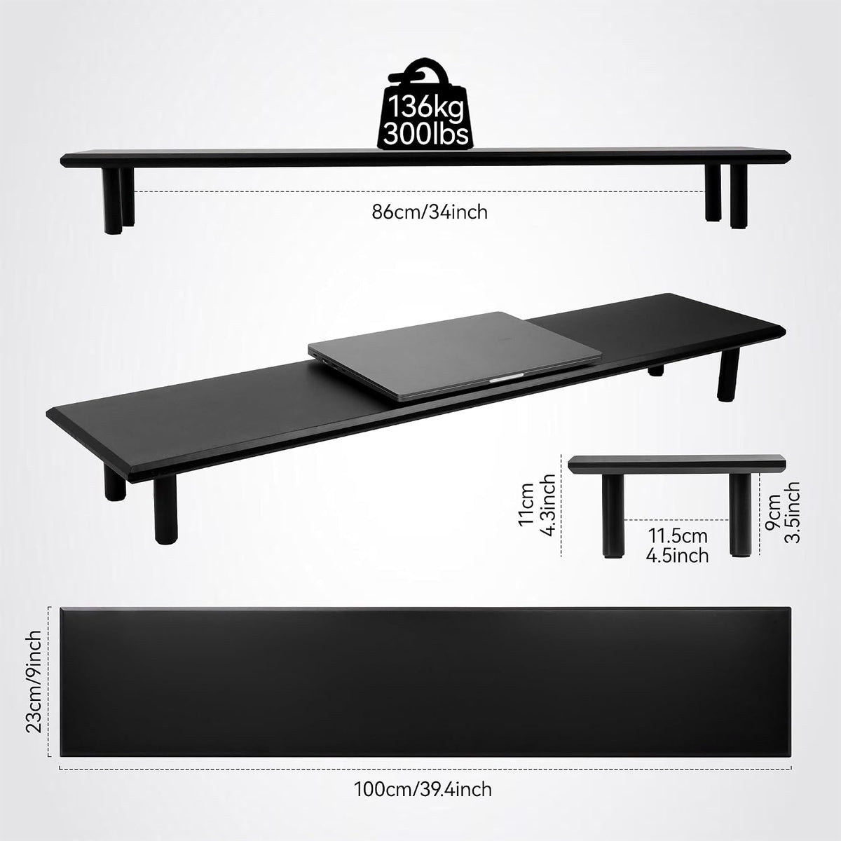 Bamboo Dual Monitor Stand Riser, Black Desk Shelf with Storage