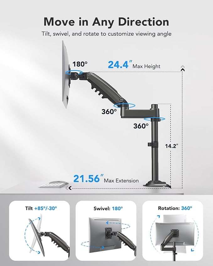 HUANUO Single Monitor Arm for 13-32 inch Screens, Holds 19.8lb, Adjustable - Image 4