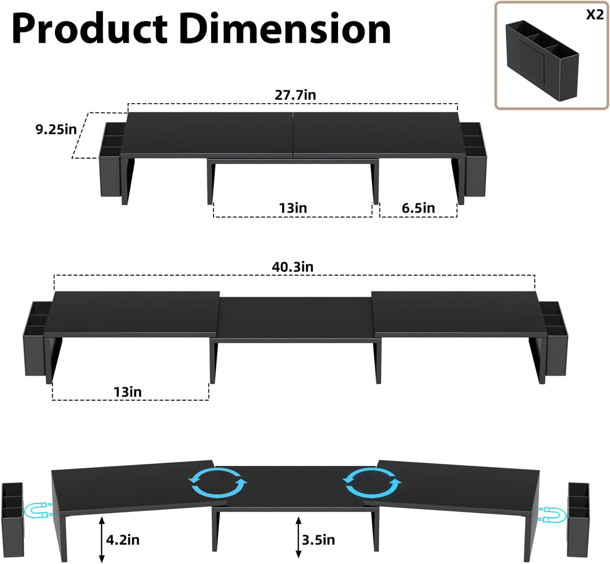 AUPSEN Dual Monitor Stand Riser with 2 Pen Holders, Desk Organizer, Black