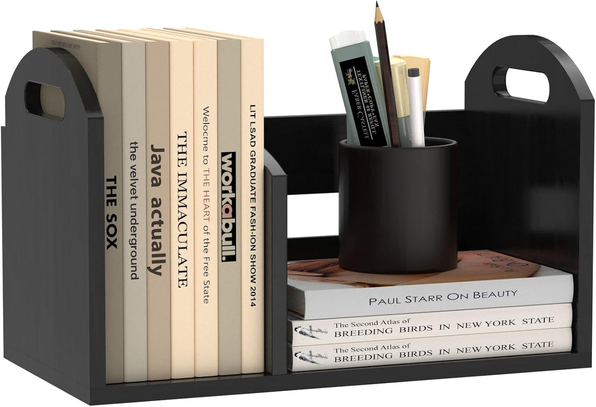 Wood Desktop Bookshelf, Upright Tabletop Book Shelf With Adjustable Divider S...