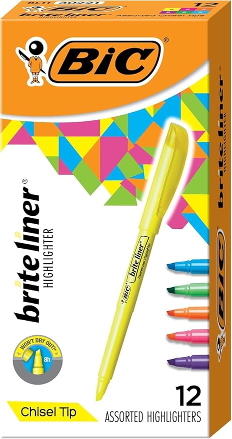 BIC Brite Liner Highlighters, Chisel Tip, 12-Count Pack of Highlighters by BIC