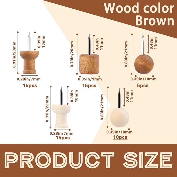 60 Pcs Wood Push Pins, 2 Colors and 5 Types Decorative Thumb Tacks Wooden Head - Image 2