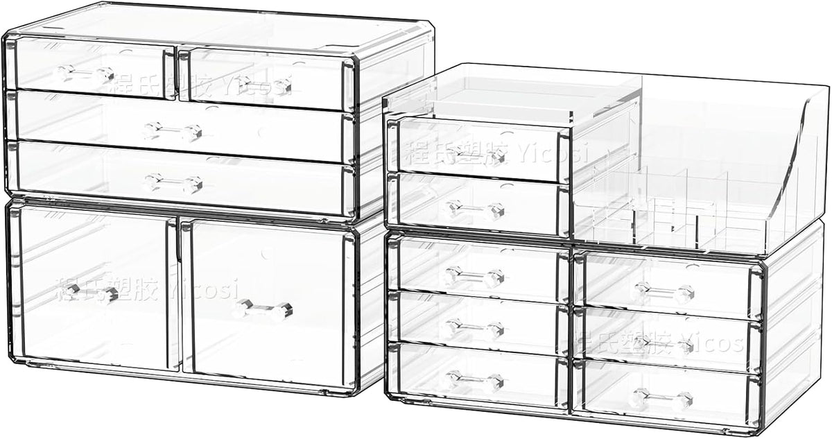 Cq acrylic Make Up Organizers for Vanity With 14 Drawers, 4 Pack Clear Drawer...