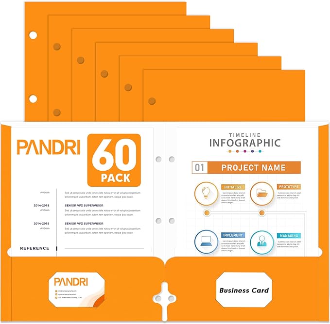Two Pocket Portfolio Folders, PANDRI 60 Pack 3 Hole Punched 2 Pocket Folders by PANDRI