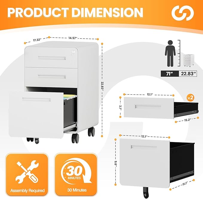 AFAIF 3 Drawer File Cabinet, Fully Assembled Mobile File Cabinets - Image 3