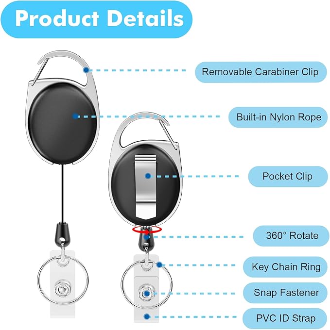 Retractable Badge Holder with Carabiner Reel Clip and Key Ring - Image 4