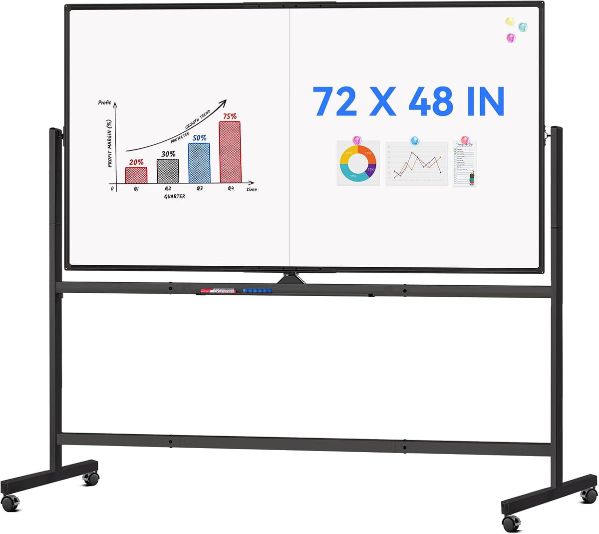 Maxtek Rolling Whiteboard 72x48 Large Double-Sided Magnetic Board(Black)