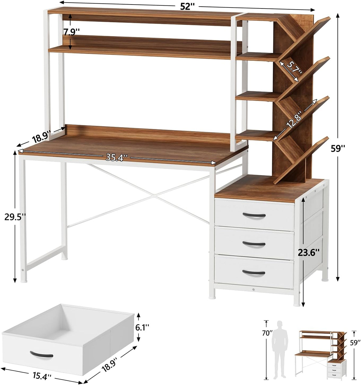 YOMILUVE 52" Computer Desk with Bookshelf, 3 Drawers ＆ Hutch for Bedroom